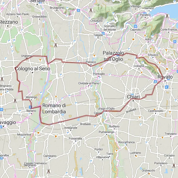 Zemljevid v pomanjšavi "Gravel route through Lombardia's countryside" kolesarske inspiracije v Lombardia, Italy. Generirano z načrtovalcem kolesarskih poti Tarmacs.app