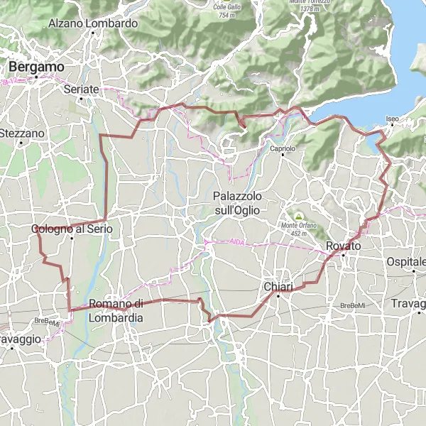 Miniaturní mapa "Gravel cyklistická trasa kolem Spirana" inspirace pro cyklisty v oblasti Lombardia, Italy. Vytvořeno pomocí plánovače tras Tarmacs.app