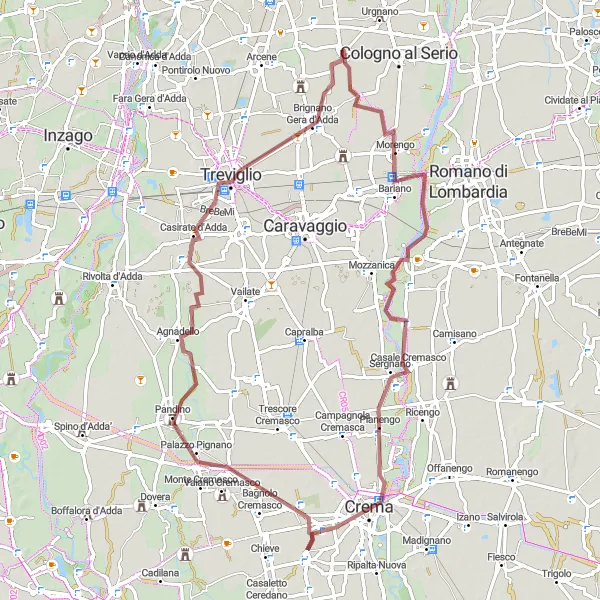 Miniatua del mapa de inspiración ciclista "Ruta de Grava Pianengo-Pandino-Arzago d'Adda-Brignano Gera d'Adda" en Lombardia, Italy. Generado por Tarmacs.app planificador de rutas ciclistas