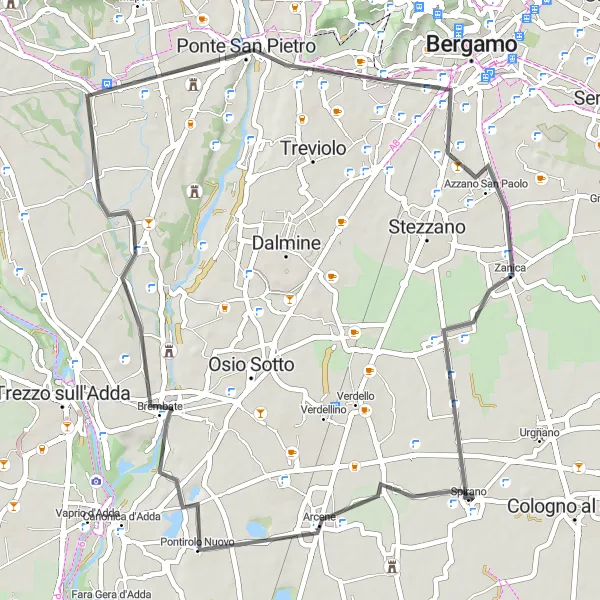 Miniatua del mapa de inspiración ciclista "Ruta de Ciclismo Escénico desde Spirano" en Lombardia, Italy. Generado por Tarmacs.app planificador de rutas ciclistas