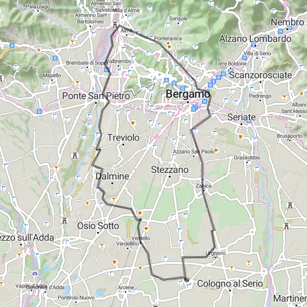Kartminiatyr av "Spirano - Levate - Ponte San Pietro - Azzano San Paolo - Urgnano - Spirano" sykkelinspirasjon i Lombardia, Italy. Generert av Tarmacs.app sykkelrutoplanlegger