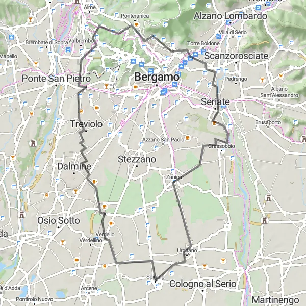 Kartminiatyr av "Spirano - Levate - Curno - Colle Roccolone - Seriate - Urgnano - Spirano" sykkelinspirasjon i Lombardia, Italy. Generert av Tarmacs.app sykkelrutoplanlegger