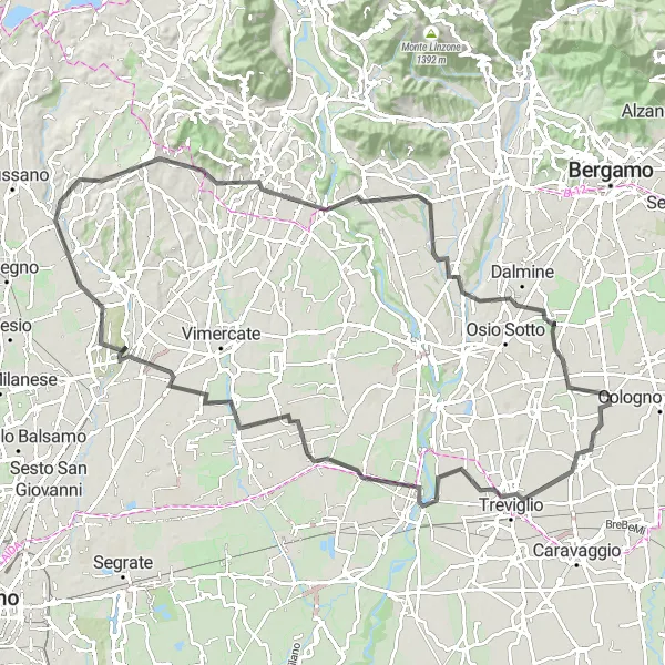 Miniatua del mapa de inspiración ciclista "Ruta de Carretera a través de Pueblos Históricos" en Lombardia, Italy. Generado por Tarmacs.app planificador de rutas ciclistas