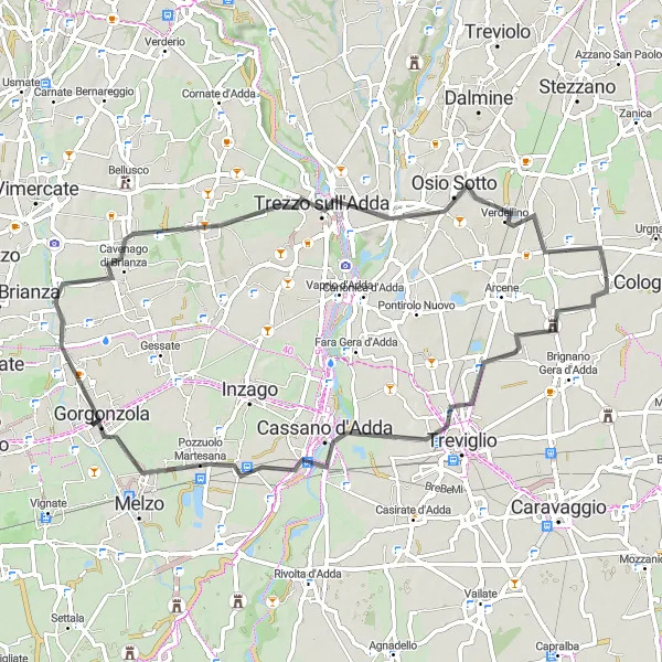 Miniatura della mappa di ispirazione al ciclismo "Giro Castelli e paesaggi lungo l'Adda" nella regione di Lombardia, Italy. Generata da Tarmacs.app, pianificatore di rotte ciclistiche