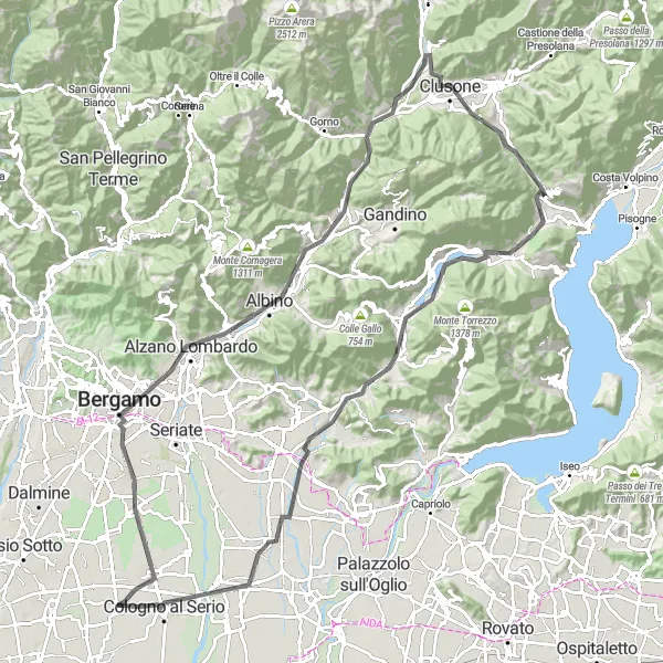 Kartminiatyr av "Bergamo till Cologno al Serio via Monte Nè och Corno Mailino" cykelinspiration i Lombardia, Italy. Genererad av Tarmacs.app cykelruttplanerare