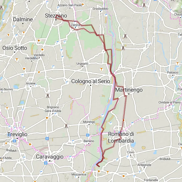 Map miniature of "Voyage Through the Countryside" cycling inspiration in Lombardia, Italy. Generated by Tarmacs.app cycling route planner