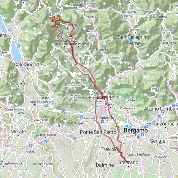 Mapa miniatúra "Gravel okruh cez Ponte San Pietro a Fuipiano Valle Imagna" cyklistická inšpirácia v Lombardia, Italy. Vygenerované cyklistickým plánovačom trás Tarmacs.app