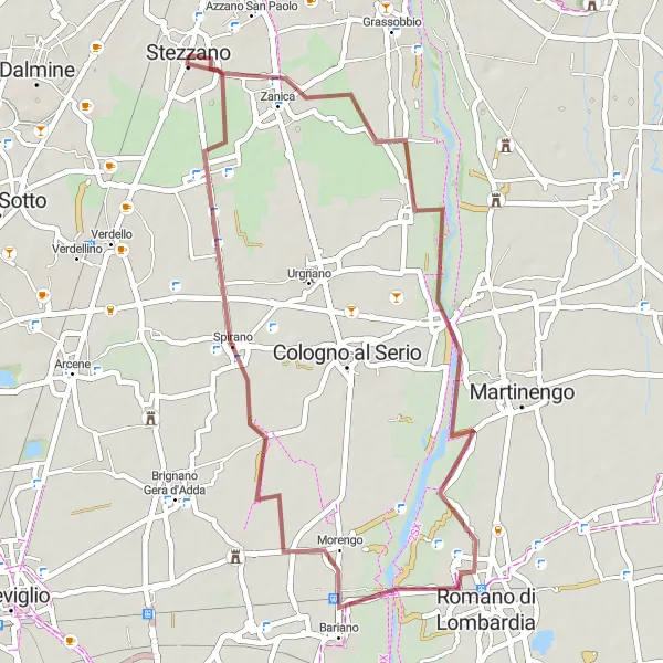 Map miniature of "Off the Beaten Path: Stezzano Gravel Adventure" cycling inspiration in Lombardia, Italy. Generated by Tarmacs.app cycling route planner