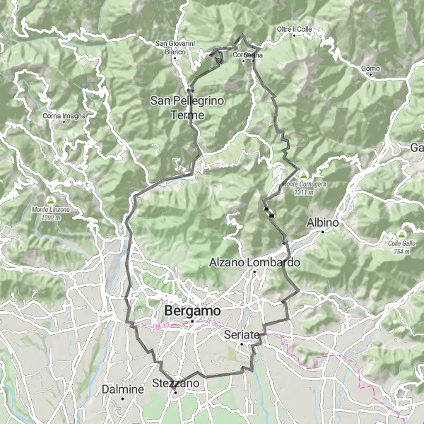 Mapa miniatúra "Road okruh cez San Pellegrino Terme a Monte Podona" cyklistická inšpirácia v Lombardia, Italy. Vygenerované cyklistickým plánovačom trás Tarmacs.app