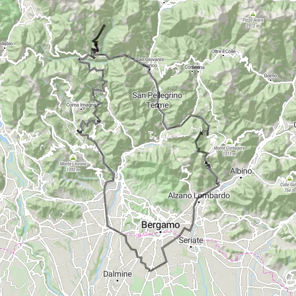 Miniatura della mappa di ispirazione al ciclismo "Giro in bicicletta da Stezzano a Monte Podona" nella regione di Lombardia, Italy. Generata da Tarmacs.app, pianificatore di rotte ciclistiche