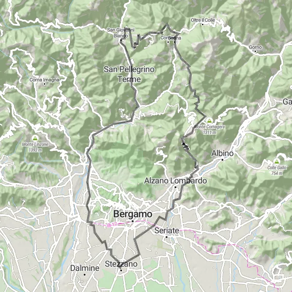 Miniatura della mappa di ispirazione al ciclismo "Giro delle vette" nella regione di Lombardia, Italy. Generata da Tarmacs.app, pianificatore di rotte ciclistiche