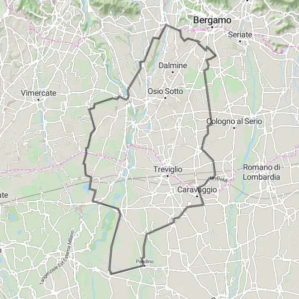 Miniatua del mapa de inspiración ciclista "Ruta de ciclismo en carretera desde Stezzano" en Lombardia, Italy. Generado por Tarmacs.app planificador de rutas ciclistas
