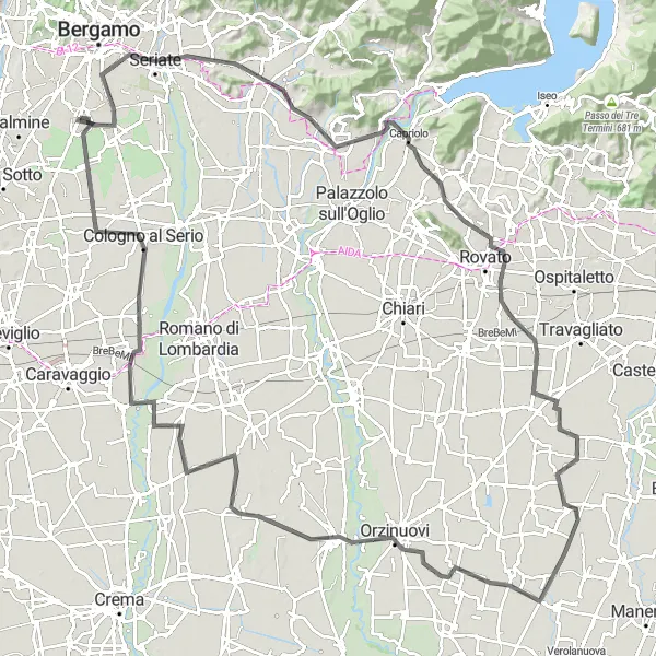 Miniaturekort af cykelinspirationen "Panorama Road Cycling Route near Stezzano" i Lombardia, Italy. Genereret af Tarmacs.app cykelruteplanlægger