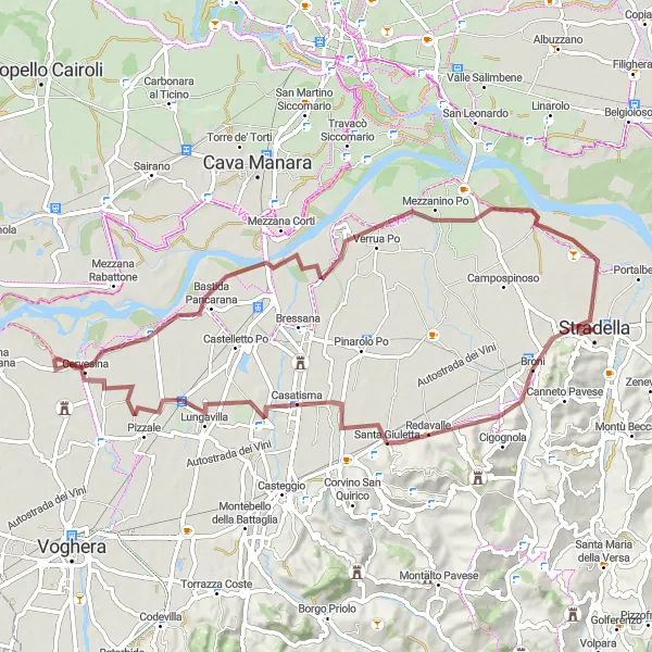 Miniaturní mapa "Gravelový okruh kolem Stradella přes Monte Spina a Redavalle" inspirace pro cyklisty v oblasti Lombardia, Italy. Vytvořeno pomocí plánovače tras Tarmacs.app