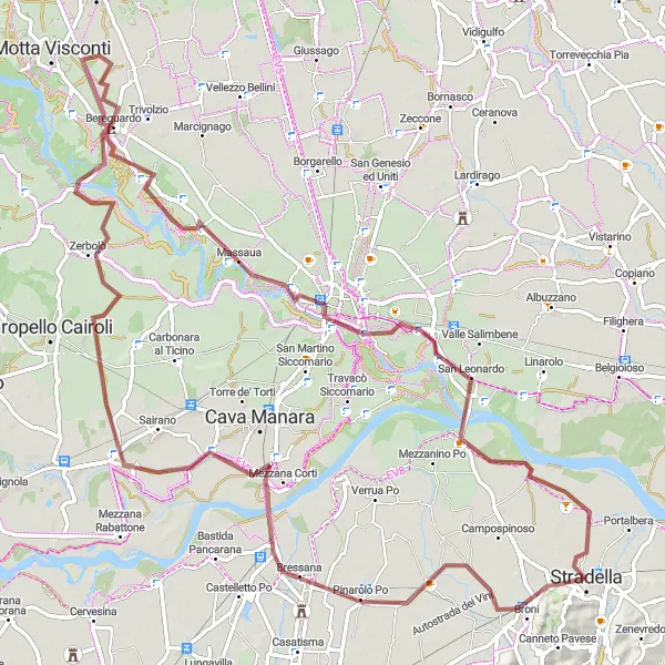 Kartminiatyr av "Grusvei sykkeltur fra Stradella" sykkelinspirasjon i Lombardia, Italy. Generert av Tarmacs.app sykkelrutoplanlegger