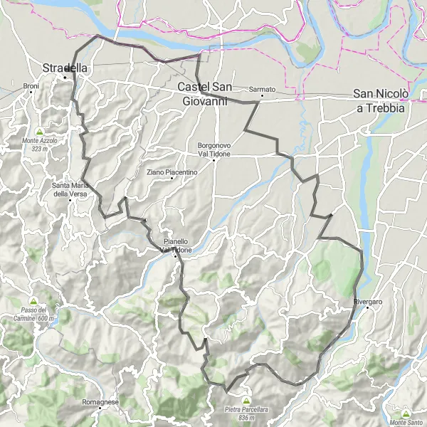 Miniatua del mapa de inspiración ciclista "Ruta de Ciclismo de Carretera Castel San Giovanni" en Lombardia, Italy. Generado por Tarmacs.app planificador de rutas ciclistas