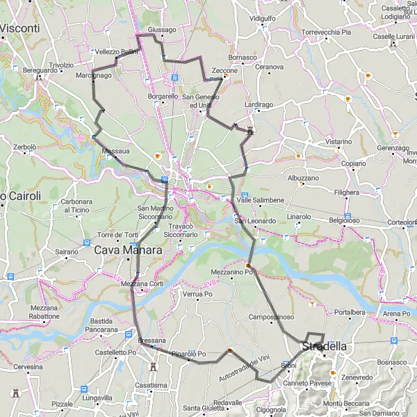 Miniatura della mappa di ispirazione al ciclismo "Circuito ciclistico Stradella - Barbianello - Pavia - Campospinoso" nella regione di Lombardia, Italy. Generata da Tarmacs.app, pianificatore di rotte ciclistiche