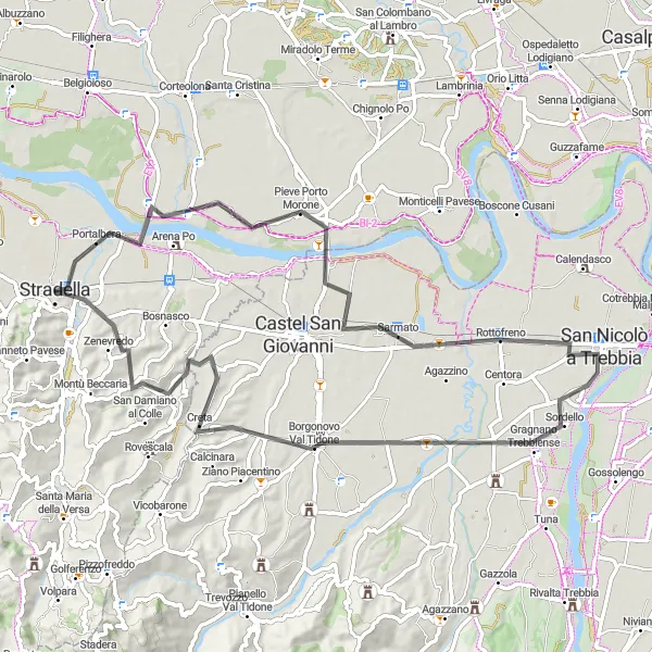 Miniatua del mapa de inspiración ciclista "Ruta de ciclismo de carretera desde Stradella" en Lombardia, Italy. Generado por Tarmacs.app planificador de rutas ciclistas