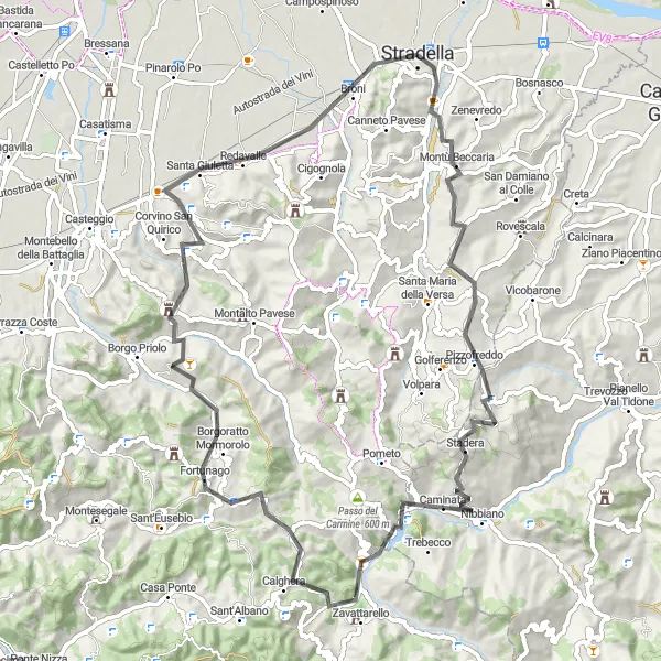 Miniatura della mappa di ispirazione al ciclismo "Circuito Tra Monti e Borghi dell'Oltrepò Pavese" nella regione di Lombardia, Italy. Generata da Tarmacs.app, pianificatore di rotte ciclistiche