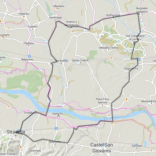 Miniaturní mapa "Okruh kolem Stradelly" inspirace pro cyklisty v oblasti Lombardia, Italy. Vytvořeno pomocí plánovače tras Tarmacs.app