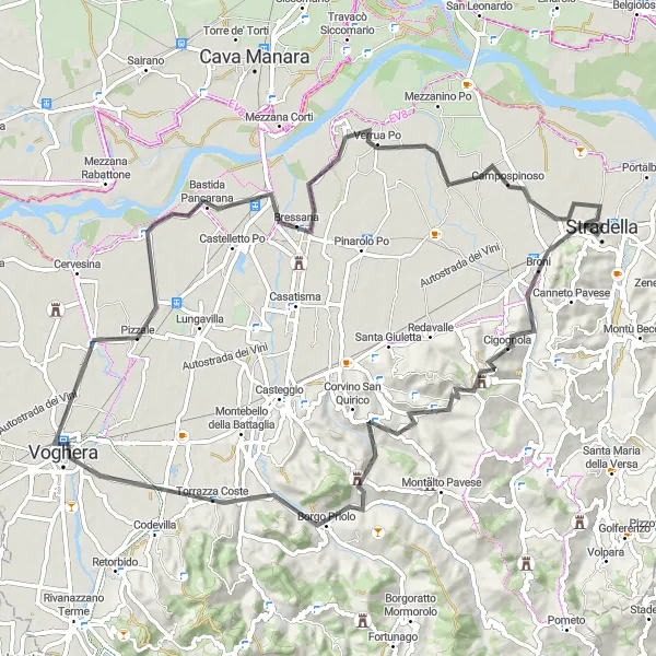 Miniaturní mapa "Výlet na kole kolem Stradella přes Cigognola a Monte Barosine" inspirace pro cyklisty v oblasti Lombardia, Italy. Vytvořeno pomocí plánovače tras Tarmacs.app