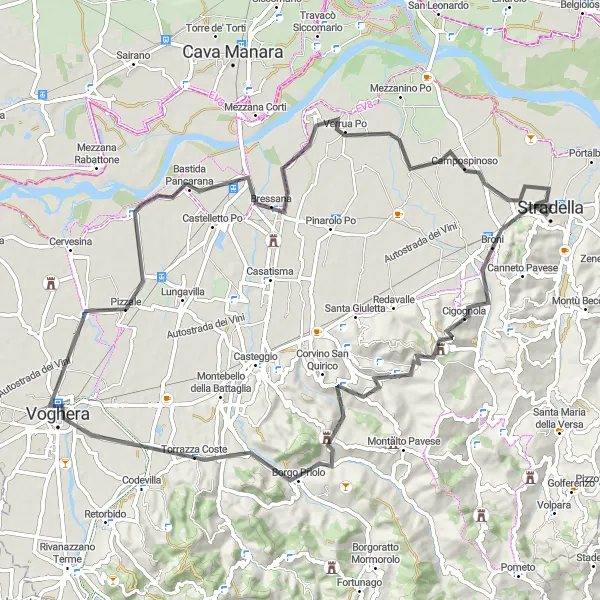 Miniatura della mappa di ispirazione al ciclismo "Giro in bicicletta Stradella - Cigognola - Monte Barosine nord-est - Calvignano - Voghera - Bastida Pancarana - Campospinoso" nella regione di Lombardia, Italy. Generata da Tarmacs.app, pianificatore di rotte ciclistiche