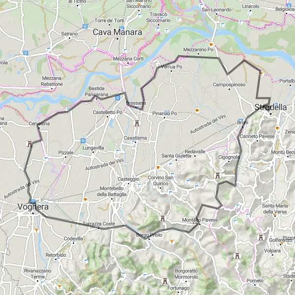 Miniaturní mapa "Okruh kolem Stradelly" inspirace pro cyklisty v oblasti Lombardia, Italy. Vytvořeno pomocí plánovače tras Tarmacs.app