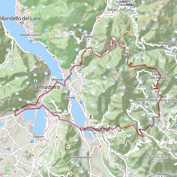 Miniature de la carte de l'inspiration cycliste "Circuit en Gravel autour de Suello" dans la Lombardia, Italy. Générée par le planificateur d'itinéraire cycliste Tarmacs.app