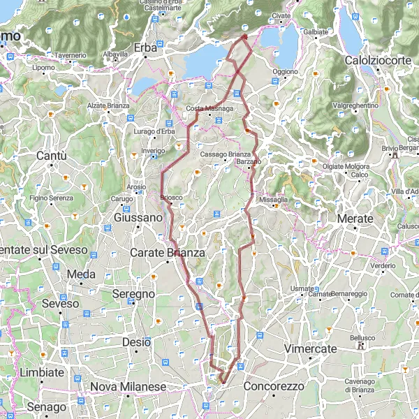 Miniatura della mappa di ispirazione al ciclismo "Esplorando i sentieri di Suello in Gravel" nella regione di Lombardia, Italy. Generata da Tarmacs.app, pianificatore di rotte ciclistiche