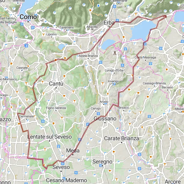 Map miniature of "Gravel Route from Suello to Briosco" cycling inspiration in Lombardia, Italy. Generated by Tarmacs.app cycling route planner