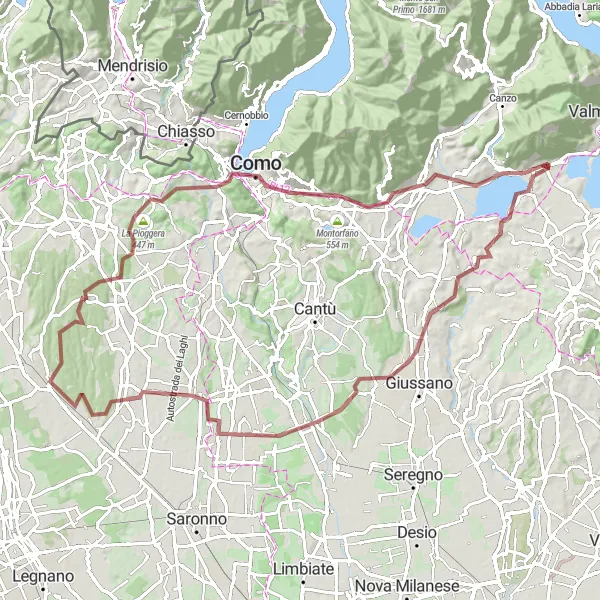 Miniatua del mapa de inspiración ciclista "Ruta de grava a través de Inverigo y Monte della Croce" en Lombardia, Italy. Generado por Tarmacs.app planificador de rutas ciclistas