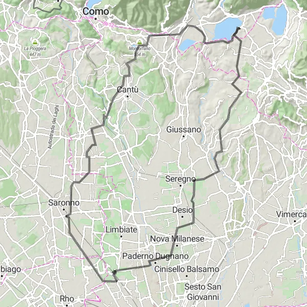 Miniatura della mappa di ispirazione al ciclismo "Itinerario ciclistico da Suello: Triuggio e Montorfano" nella regione di Lombardia, Italy. Generata da Tarmacs.app, pianificatore di rotte ciclistiche