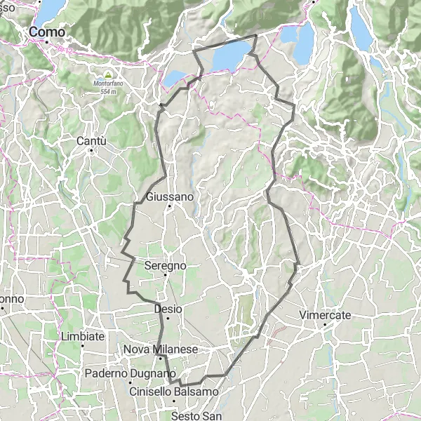 Miniatua del mapa de inspiración ciclista "Ruta de ciclismo de carretera por los alrededores de Suello" en Lombardia, Italy. Generado por Tarmacs.app planificador de rutas ciclistas