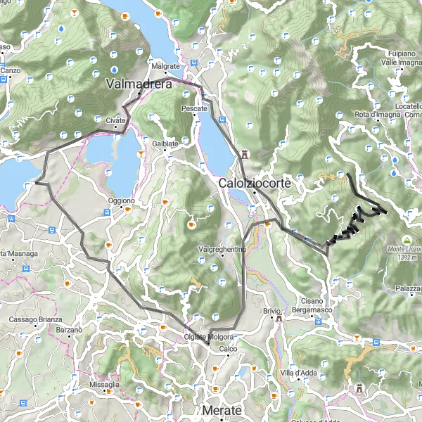 Zemljevid v pomanjšavi "Road Trip to Molteno" kolesarske inspiracije v Lombardia, Italy. Generirano z načrtovalcem kolesarskih poti Tarmacs.app