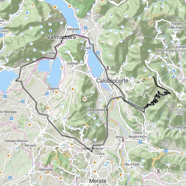 Map miniature of "Road Route from Suello to Molteno" cycling inspiration in Lombardia, Italy. Generated by Tarmacs.app cycling route planner