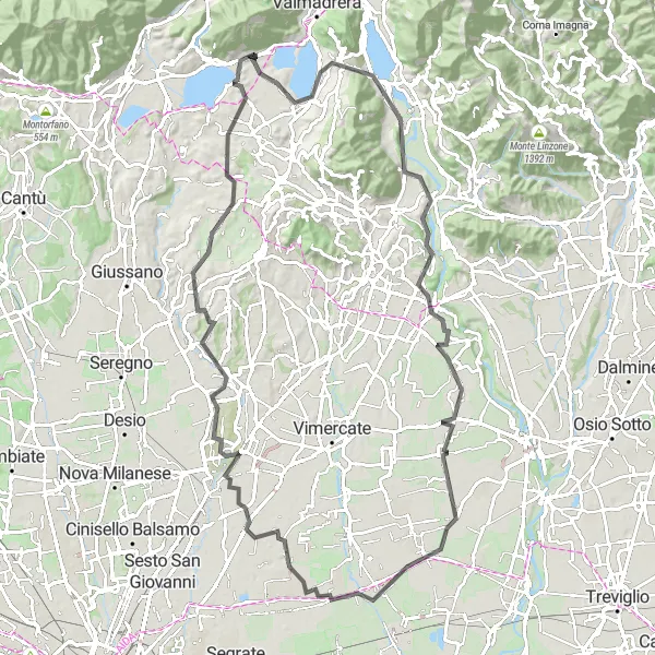 Mapa miniatúra "Trasa okolo Suello (Lombardia, Taliansko) na ceste" cyklistická inšpirácia v Lombardia, Italy. Vygenerované cyklistickým plánovačom trás Tarmacs.app