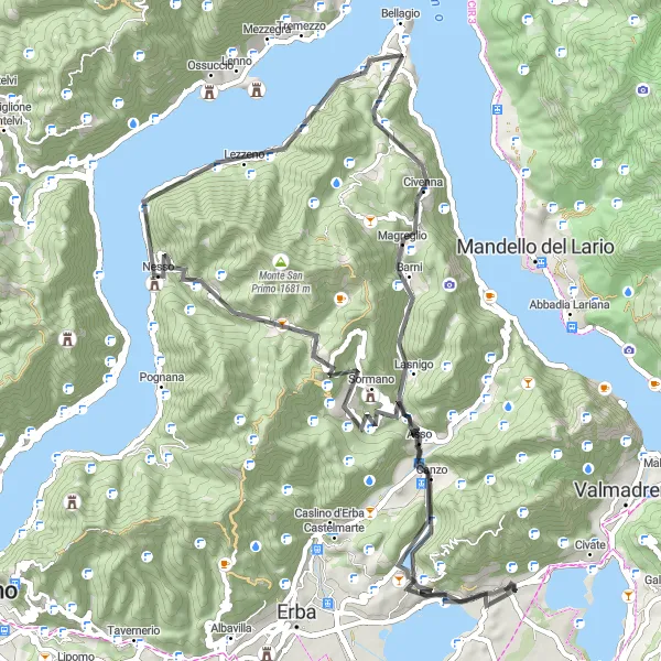 Kartminiatyr av "Bergsutflykt till Comosjön" cykelinspiration i Lombardia, Italy. Genererad av Tarmacs.app cykelruttplanerare