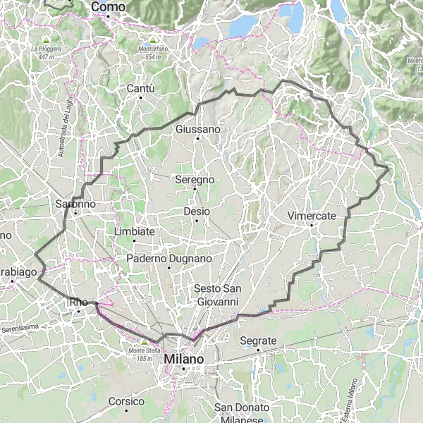 Map miniature of "Caponago and Monte Stella Loop" cycling inspiration in Lombardia, Italy. Generated by Tarmacs.app cycling route planner