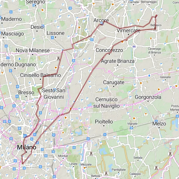 Kartminiatyr av "Monza till Bellusco grustur" cykelinspiration i Lombardia, Italy. Genererad av Tarmacs.app cykelruttplanerare