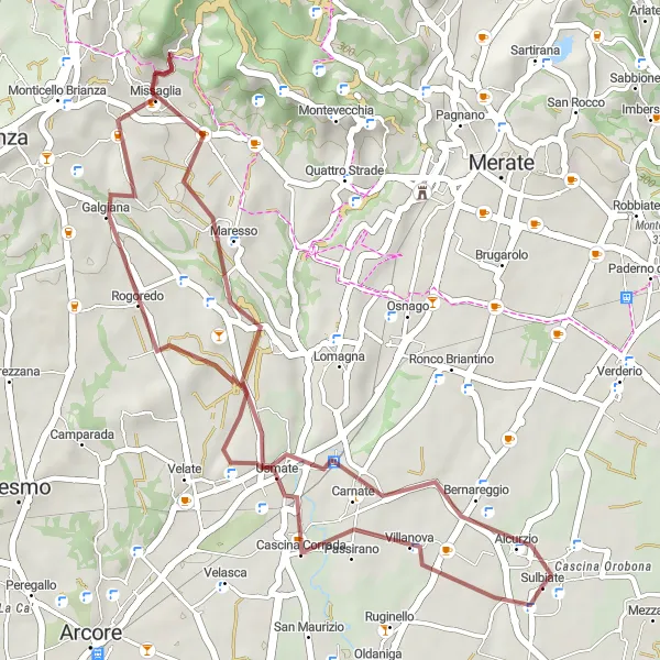 Map miniature of "Gravel Adventure: Sulbiate and Tre Rogge" cycling inspiration in Lombardia, Italy. Generated by Tarmacs.app cycling route planner