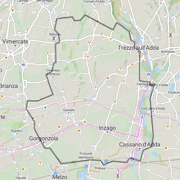 Miniatua del mapa de inspiración ciclista "Ruta a Trezzo sull'Adda y Caponago" en Lombardia, Italy. Generado por Tarmacs.app planificador de rutas ciclistas