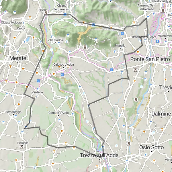 Map miniature of "Robbiate and Monte Robbio Loop" cycling inspiration in Lombardia, Italy. Generated by Tarmacs.app cycling route planner