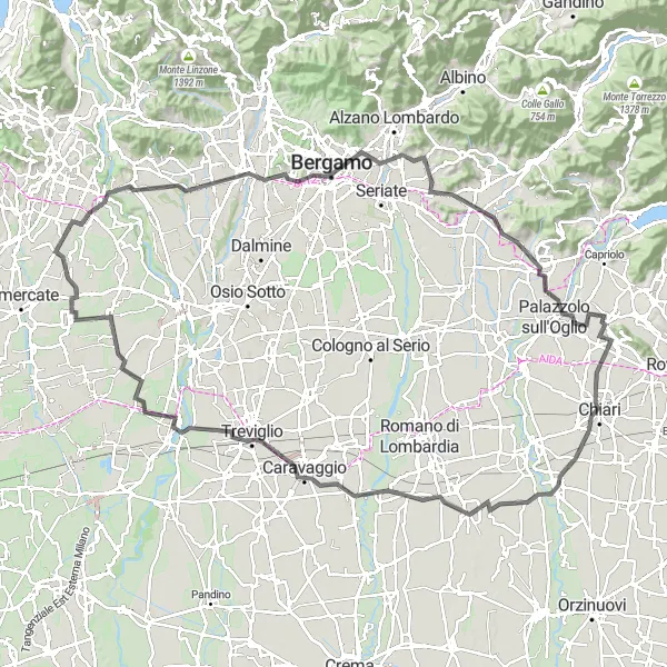 Map miniature of "Scenic Beauty of Lombardia: Monte Robbio to Cassano d'Adda" cycling inspiration in Lombardia, Italy. Generated by Tarmacs.app cycling route planner