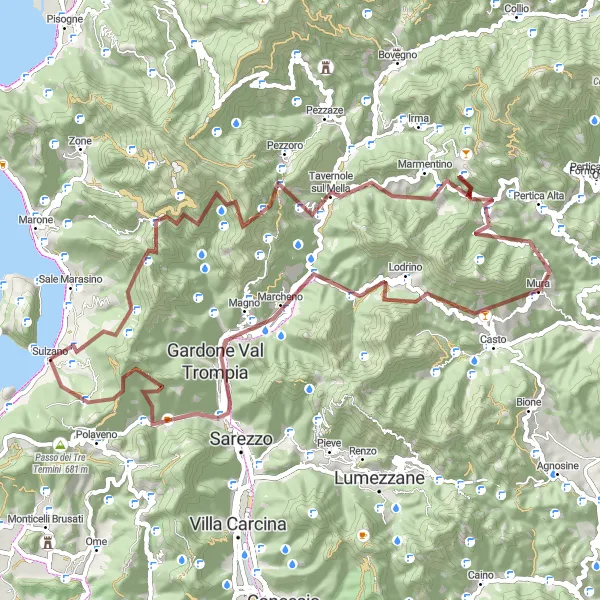 Zemljevid v pomanjšavi "Sulzano - Gardone Val Trompia Gravel Adventure" kolesarske inspiracije v Lombardia, Italy. Generirano z načrtovalcem kolesarskih poti Tarmacs.app