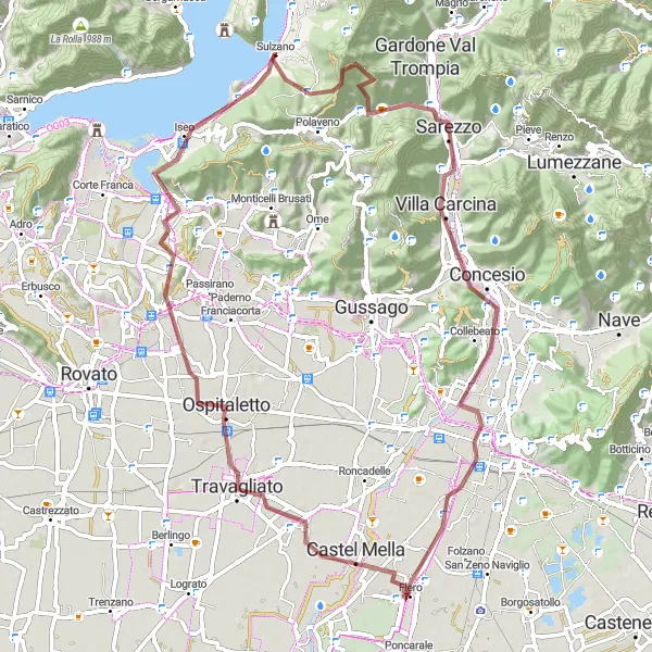 Mapa miniatúra "Gravel trasa cez Colmi a Montecolino" cyklistická inšpirácia v Lombardia, Italy. Vygenerované cyklistickým plánovačom trás Tarmacs.app