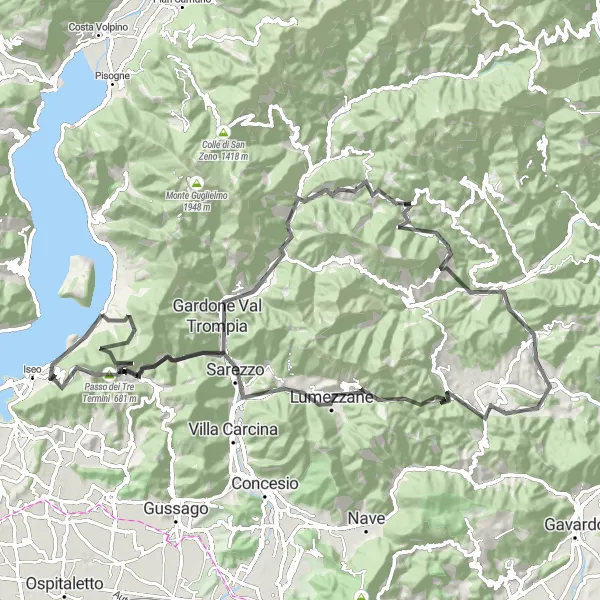 Karttaminiaatyyri "Sulzano - Passo del Santellone - Sarezzo Loop" pyöräilyinspiraatiosta alueella Lombardia, Italy. Luotu Tarmacs.app pyöräilyreittisuunnittelijalla