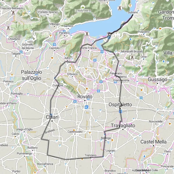 Miniatura della mappa di ispirazione al ciclismo "Giro in bici tra Sulzano e Cologne" nella regione di Lombardia, Italy. Generata da Tarmacs.app, pianificatore di rotte ciclistiche