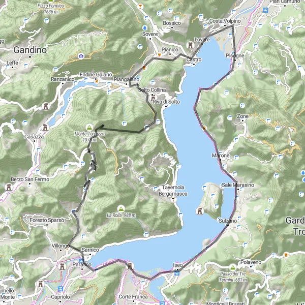 Miniature de la carte de l'inspiration cycliste "Escapade le long du Lac d'Iseo" dans la Lombardia, Italy. Générée par le planificateur d'itinéraire cycliste Tarmacs.app