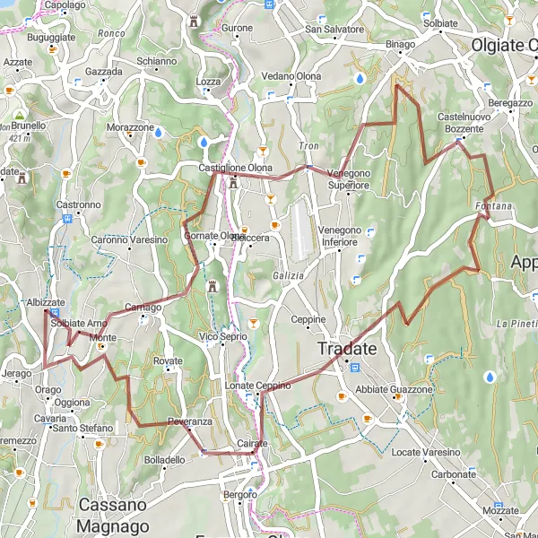 Mapa miniatúra "Gravelová trasa cez Castiglione Olona a Cairate" cyklistická inšpirácia v Lombardia, Italy. Vygenerované cyklistickým plánovačom trás Tarmacs.app