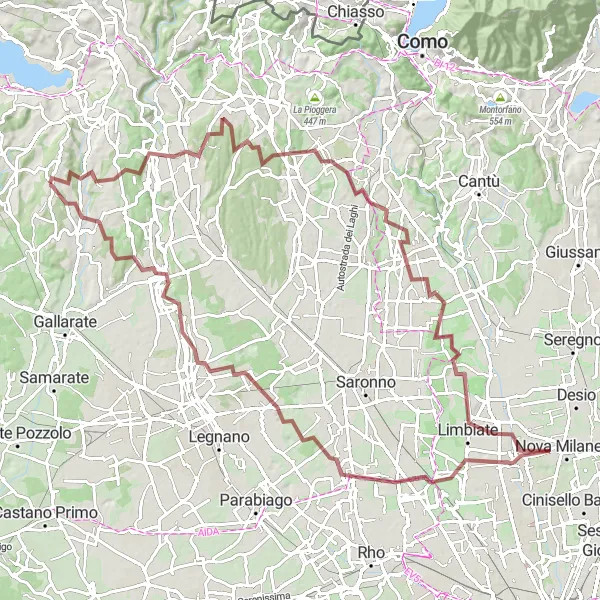 Mapa miniatúra "Gravelová trasa do Cairate cez Il Monte" cyklistická inšpirácia v Lombardia, Italy. Vygenerované cyklistickým plánovačom trás Tarmacs.app